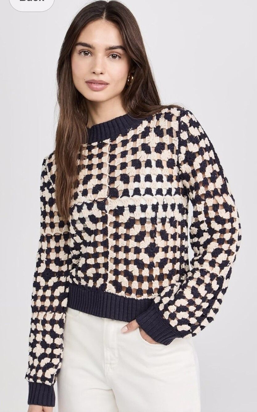 MINKPINK Women's Meyer Crochet Knit Sweater Navy Cream Size XS EUC Open Weave